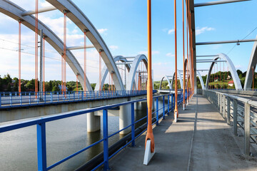 DABROWKA ,POLAND - JUNE 01, 2021: Bridges - railway and car ones on Lake Mucharskie,