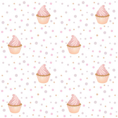 Seamless vector pattern in pastel colores. Cupcakes with pink whipped cream, surrounded by colorful dots of different sizes