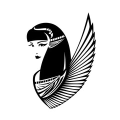 beautiful young goddess head and bird wing - ancient Egyptian beauty black and white vector portrait
