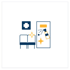 Disinfection in hospitals flat icon. Sanitizing wards and beds. Isolating patients. Safety space and preventative measures. Preventing virus spread concept. Vector illustration