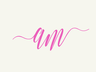 AM monogram logo.Calligraphic signature icon.Lowercase letter a and letter m.Lettering sign isolated on light background.Alphabet initials.Hand drawn, elegant, wedding script style.