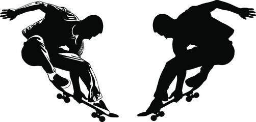 Silhouette of a young man performing a trick on a skateboard vector illustration