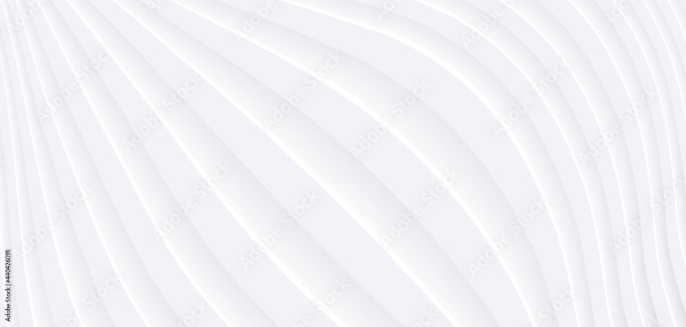 Poster Abstract 3D white wavy background with interesting pattern. Minimalist empty striped blank BG. Halftone monochrome cover with modern elegant minimal color.