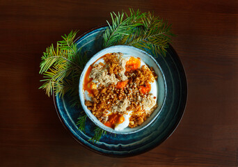 honey crumble with sour cream mousse and buckwheat popcorn