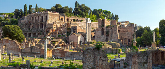 Italy, Rome, a sunny day, a wonderful point of view of the Forum romain, Capitoline Hill. A very famous archaeological site, nobody