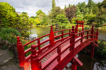 Fototapeta na wymiar Red bridge in Japanese garden