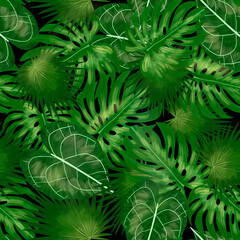Tropical leaves seamless pattern, raster illustration
