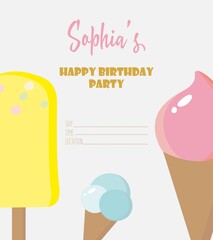 The vector illustration is isolated on a light gray background. Invitation template in delicate shades for an ice cream party on a background with pink ice cream in a cone and blue on a stick
