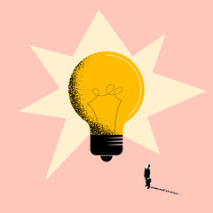 Business idea or business creativity concept with businessman standing in front of a huge light bulb and looking on it. Vector illustration - obrazy, fototapety, plakaty