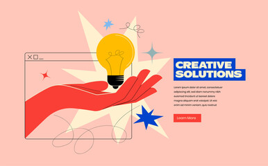 Creative solutions or ideas web banner design or landing page template for creative agency with hand comes out of the screen with light bulb and colorful abstract geometric shapes. Vector illustration - obrazy, fototapety, plakaty