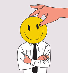 Hypocrisy or lie or fraud,  and insincerity concept illustration with salesman or businessman or office clerk with smiled emoji instead head. Vector illustration - obrazy, fototapety, plakaty