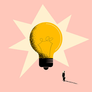 Business idea or business creativity concept with businessman standing in front of a huge light bulb and looking on it. Vector illustration