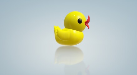 Yellow duck rubber. Children's Realistic 3d duck toy for bath procedure. Copy space. 3d illustration