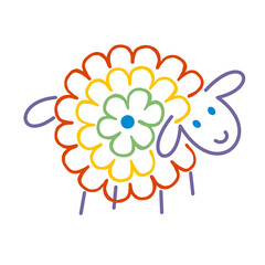 Flower rainbow sheep, funny cute cartoon character. Hand-drawn full color vector. Pet, farm, sweet animal, lamb icon. Happy lovely lamb baby. For children illustrations, preschool education, print.