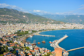 Aerial view of the harbor, seaport and the old city in Alanya Turkey. 
