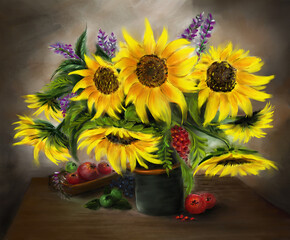 A bouquet of beautiful sunflowers on the table.