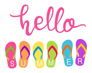 vector hello summer text with colorful flip flops