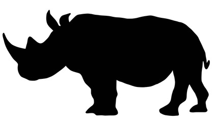 Black silhouette, stencil of a rhinoceros sideways on a white isolated background.