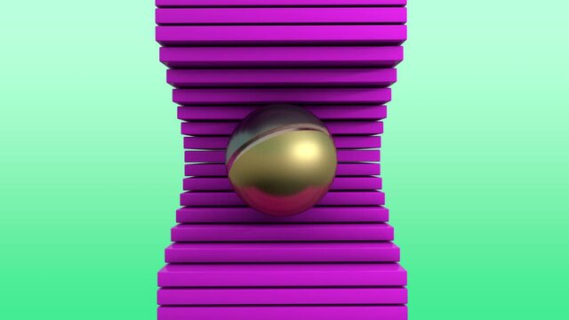 Loop 3d animation of pink tiles that go to the side and allow the sphere of gold and silver to fall to the bottom. Abstract background, motion design.