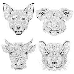 Zentangle stylized heads dog, pig, bull and rat. Hand drawn decorative vector illustration for coloring
