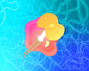 Women in hat relaxing on an inflatable mattress in swimming pool with cocktail top view. Summer vacation concept, pool party poster
