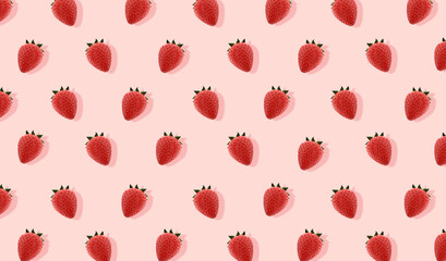 Strawberry seamless pattern, strawberries on pink, red colored background, top view, flat lay, fresh summer pattern. 3D rendering