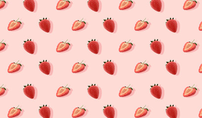 Sliced and full strawberry seamless pattern on a pink background, top view. Summer fresh concept. 3D rendering
