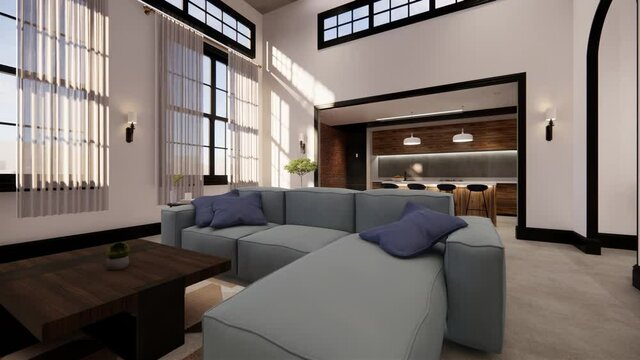 3d rendering. Interior house modern open living space with kitchen. modern style Duplex apartment residence.Home decoration modern loft  interior design.