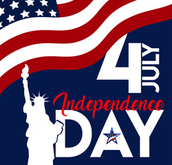 4th july american independence day flyer, with wave flag , statue of liberty background and confetti. poster, banner, greeting card