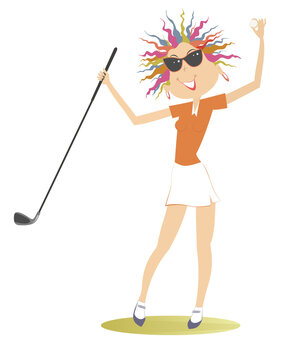 Young golfer woman on the golf course illustration.
Happy golfer woman in sunglasses holds a golf club and golf ball isolated on white
