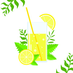 Fresh lemonade illustration. Glass with straw and leaves of mint. Soda. Menu, fabric, textile, web. Summer illustration. Vector. Green leaves