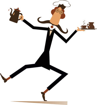 Mustache comic cook illustration. 
Mustache cook carries a tray with coffee or tea cup and cream in one hand and a tea or coffee pot in another isolated on white 
