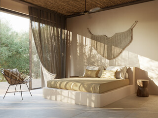 3d rendering of an atmospheric relaxed boheme Tulum style summer bedroom with textured plastering on the walls and a macrame wall decoration - obrazy, fototapety, plakaty
