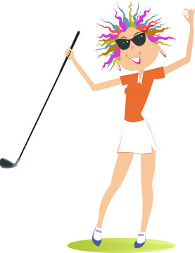 Young golfer woman on the golf course illustration.
Happy golfer woman in sunglasses holds a golf club and golf ball isolated on white
