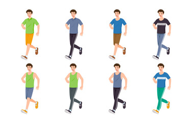 Flat design concept of man with different poses, presenting process gestures and actions. Vector cartoon character design set.