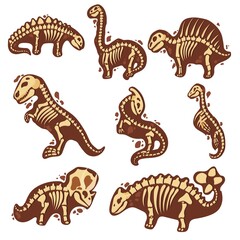 Fototapeta na wymiar Set Dinosaur skeleton in cartoon style. The bones of a prehistoric animal underground. Archeology. Vector illustration isolated on white background.