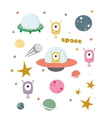 Vector illustration isolated on a white background in the cartoon style of clipart cosmos. Funny aliens, space saucers, planets, stars, comets, satellite, space inscription, spaceships