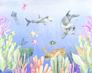 Fototapeta premium Watercolor sea scene with deep sea animals. Great for printing, web, textile design and souvenirs.