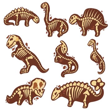 Set Dinosaur skeleton in cartoon style. The bones of a prehistoric animal underground. Archeology. Vector illustration isolated on white background.