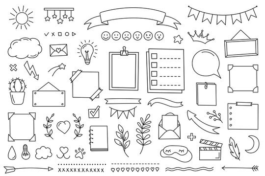 Doodle set hand drawn elements for diary, notebook and planner. Vector calendar for study and work. Collection of decorations frames and stickers from lines. Cute background design