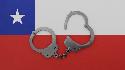 A half opened steel handcuff in center on top of the national flag of Chile