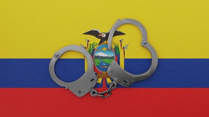 A half opened steel handcuff in center on top of the national flag of Ecuador