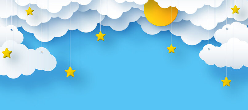 clouds and stars, the sun on a blue background, Children's illustration of the sky in a paper decorative style, 3d 