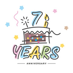 7 Years Anniversary handwritten typography lettering Greeting card with colorful big cake, sparkle firework, number, candle and confetti