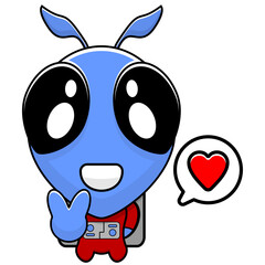 cute blue alien mascot peace love vector cartoon character