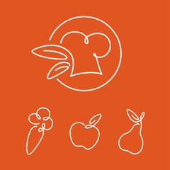 A set of logos on the theme of food, style one line, contour. Cook's cap, carrot, apple, pear.