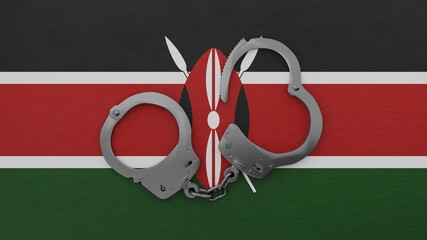 A half opened steel handcuff in center on top of the national flag of Kenya