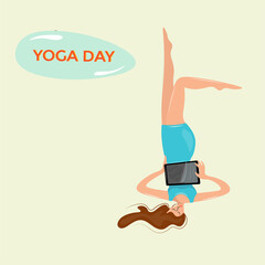 Creative girl doing yoga and working on the tablet. Work and sports at home. Modern reality. Yoga every day, healthy lifestyle. Woman and tablet. World Yoga Day. Vector with place for text.