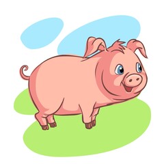 Image of a piglet in cartoon style, on a colored background. Funny pink piglet. Happy, joyful animal.