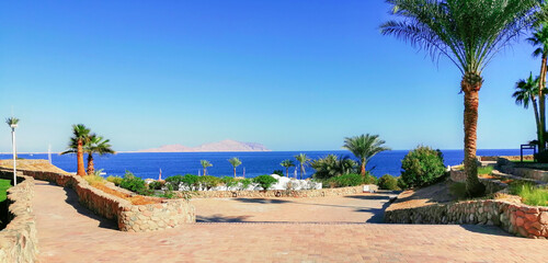 Beautiful sea view from the shore. Picturesque wallpaper. Egyptian resort.